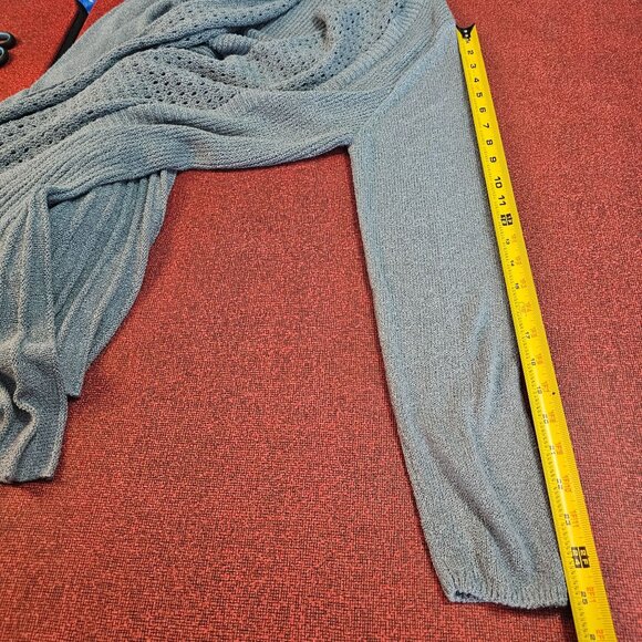 Soft Surroundings Long Duster Cardigan M Blue Crochet Pleated Boho Cottagecore - Picture 9 of 11